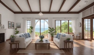 The coastal decor of a living room.