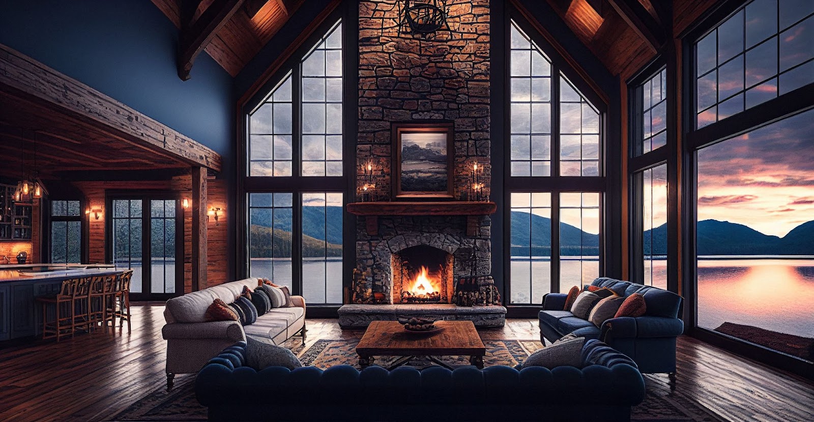 A mountain home with a large fireplace.