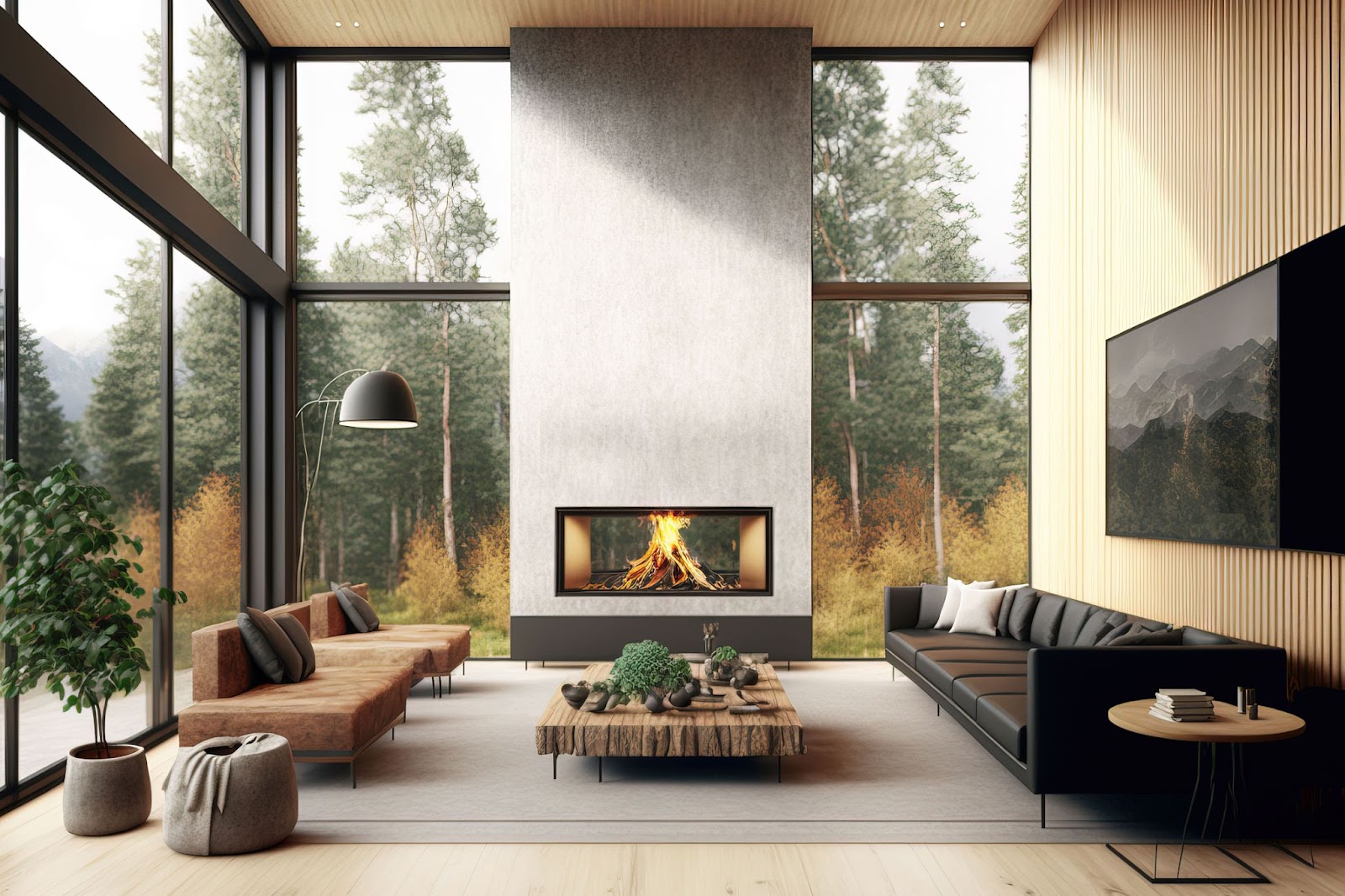 A sleek mountain home with a modern fireplace.