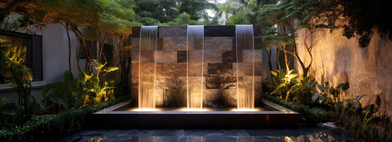 An outdoor waterfall with outdoor lighting in a garden.